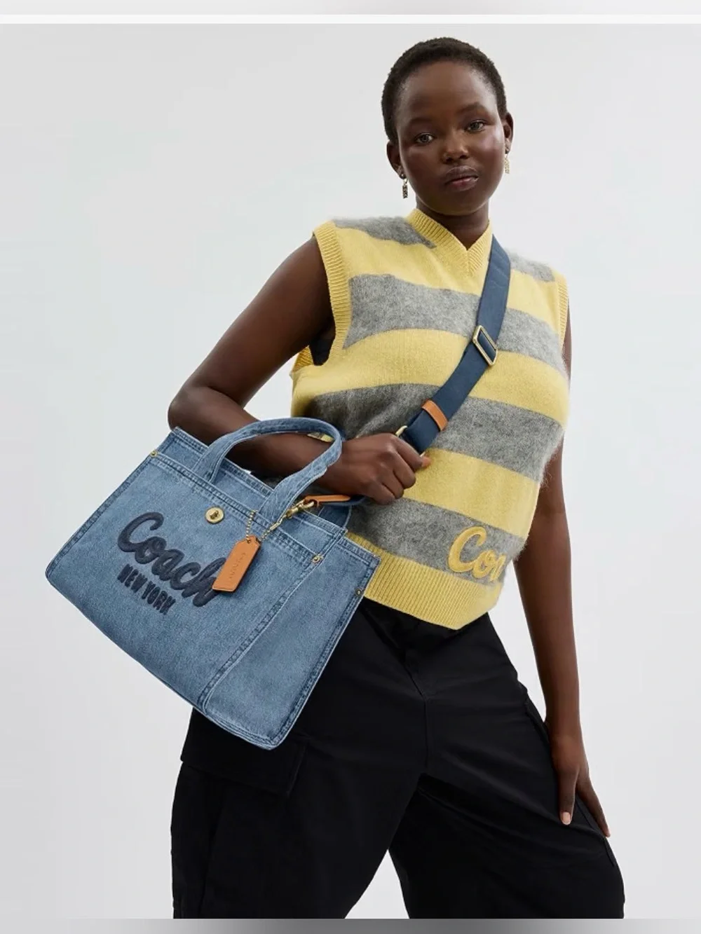 NWT Coach Denim Cargo Tote with Logo and Leather Tag in Blue and Tan